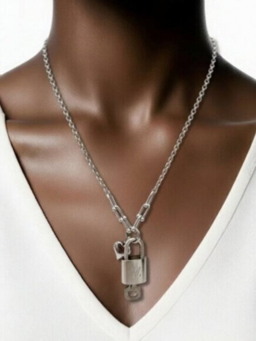 Louis Vuitton Padlock Necklace Stainless Steel Silver Plated
